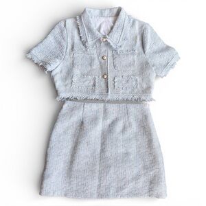 Storets Novah Blue Tweed Cropped Mini Jacket & Skirt Set